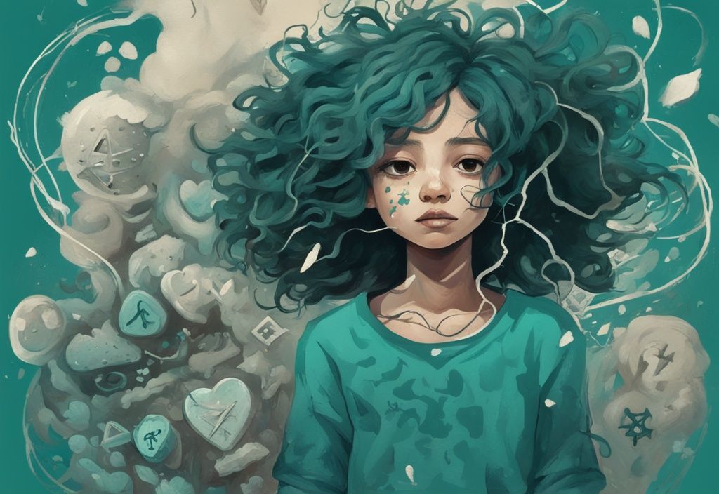 Teal-themed digital painting of a young girl isolated from a happy family, surrounded by storm cloud, thorny vines, and cracked heart, symbolizing toxic daughter signs.