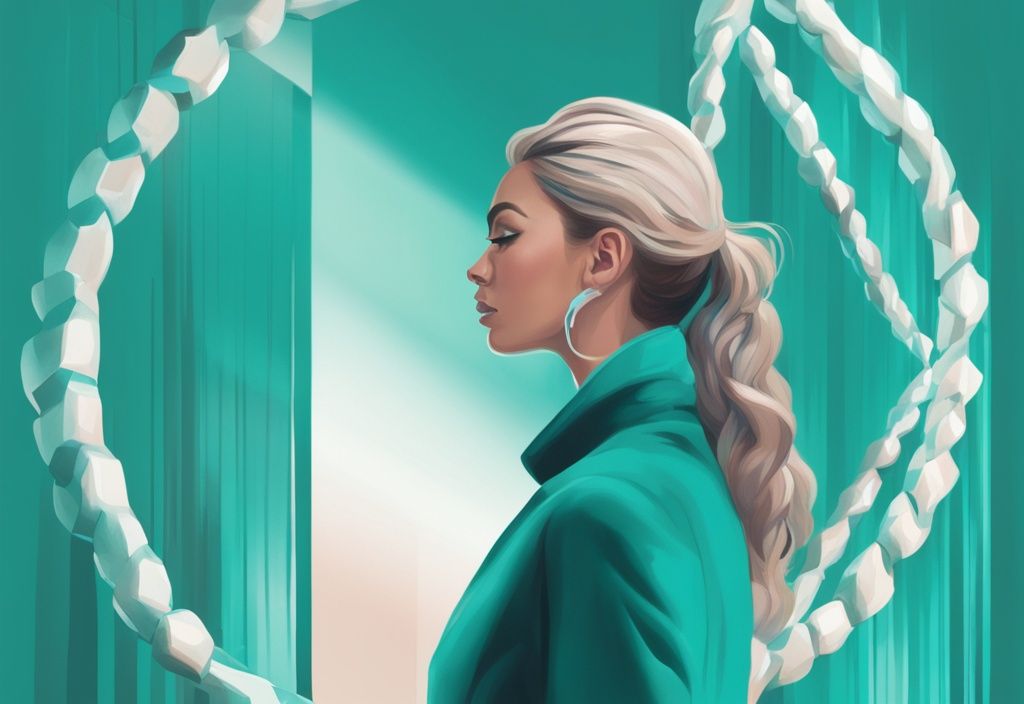 Modern digital painting of DNA strand with mirror reflecting confident person, exploring the question: is narcissism genetic?