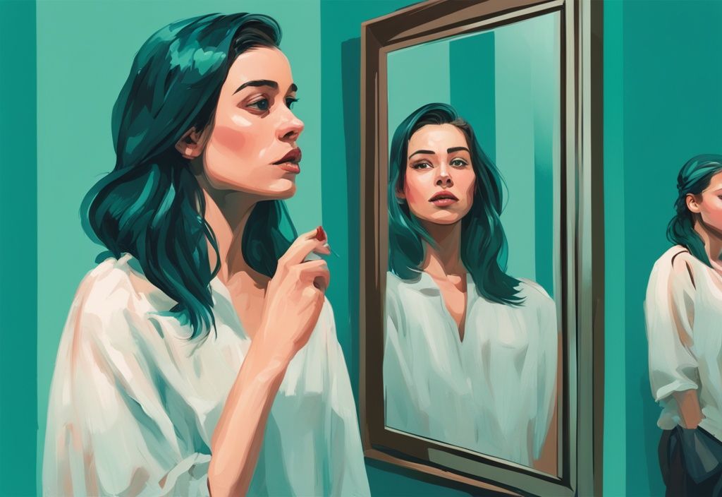 Teal-themed digital painting of a young woman admiring herself in the mirror, with her exasperated brother in the background.