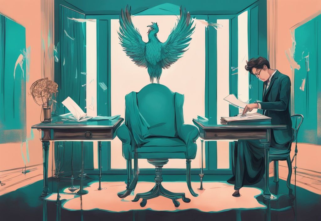 Teal-themed modern digital painting illustrating the stages of divorcing a narcissist with symbols: mirror, broken heart, legal document, empty chair, and reborn phoenix.