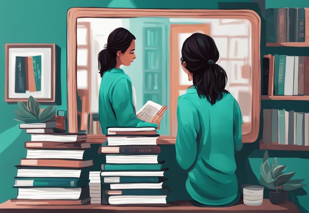 Modern digital painting of teal-themed stack of self-improvement and self-love books for narcissists reflected in a mirror with a confident person admiring themselves.