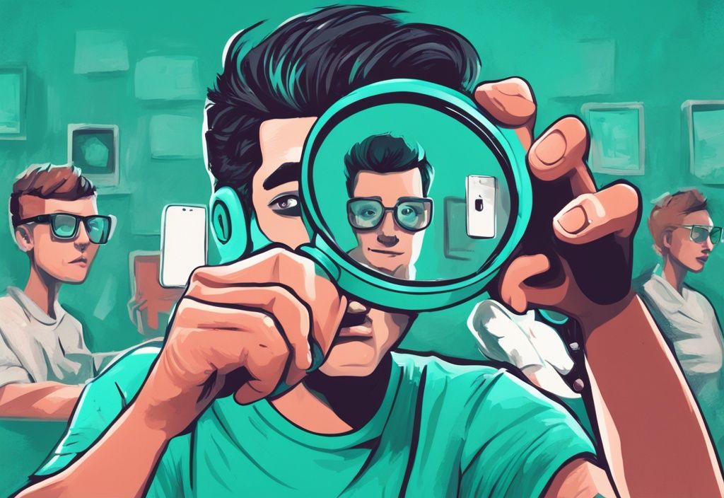 Modern digital painting of a person using a magnifying glass to examine a social media profile with self-promoting selfies and boastful status updates, illustrating how to spot a narcissist on social media.