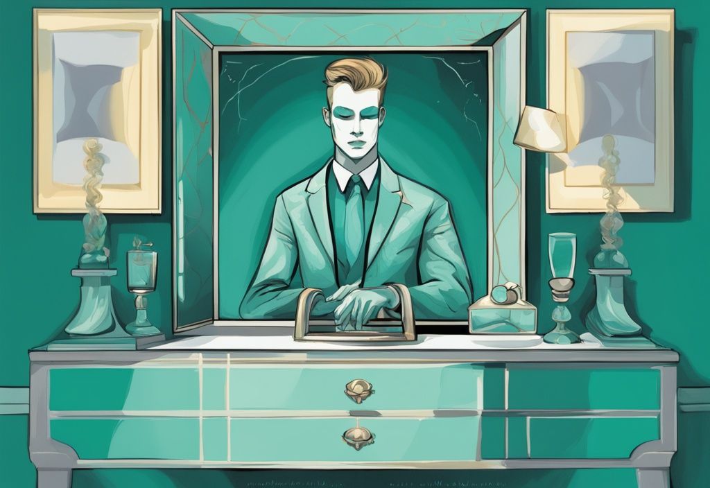 Modern digital painting in teal reflecting traits of vanity, selfishness, arrogance; symbolic representation of narcissism characteristics