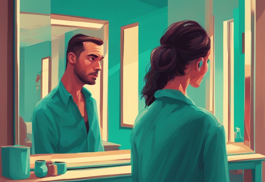 Modern digital painting of a man peering at his reflection in a mirror while an upset woman stands behind him, illustrating the concept "am I dating a narcissist" with a teal color theme.