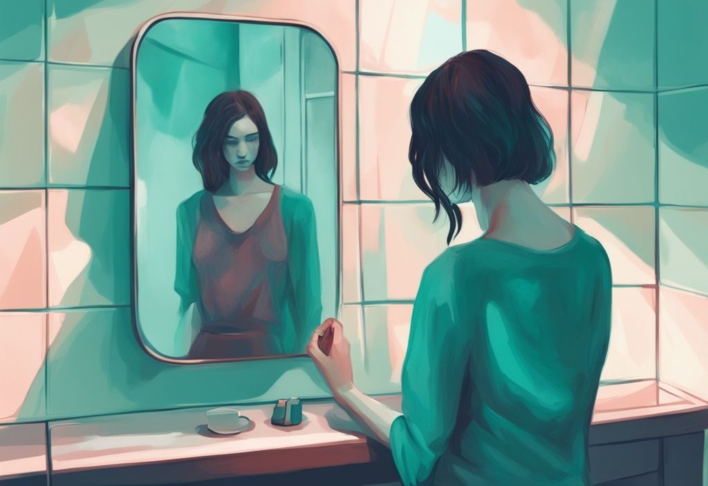 Teal digital painting of a figure seeing a smaller faded reflection in a mirror, symbolizing the question do narcissists come back after discard.