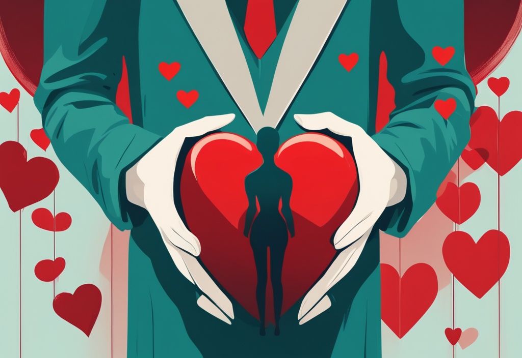 Shadowy figure holding string of red hearts behind back, presenting single large heart to another person, teal color theme, concept of deceit and multiple affairs.