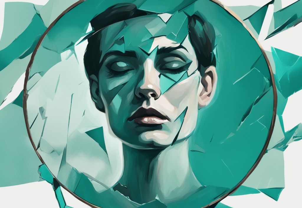 Modern digital painting of a broken mirror reflecting a narcissistic person with shattered words "empathy," "acceptance," and "selflessness" in teal color theme.