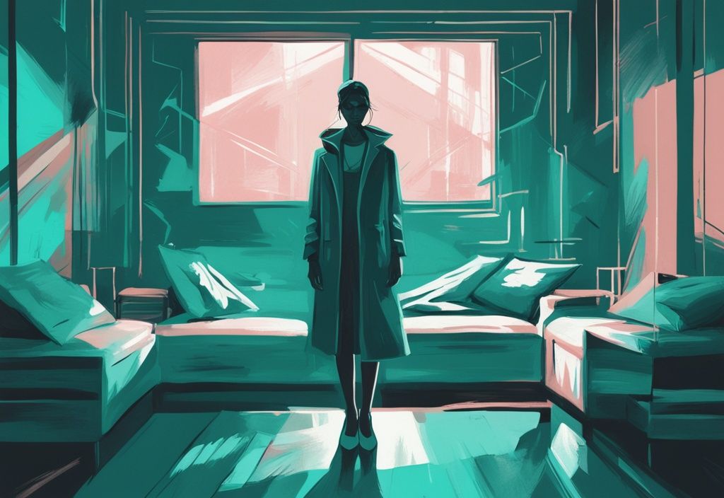 Modern digital painting with teal theme, spotlight on shadowy figure, narcissistic traits revealed through sketched symbols.