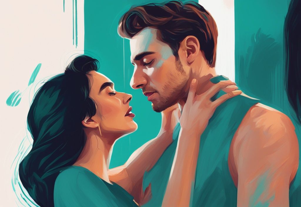 Modern digital painting of a woman confidently engaging a besotted man, illustrating how to make a narcissist obsessed with you, with a teal color theme.