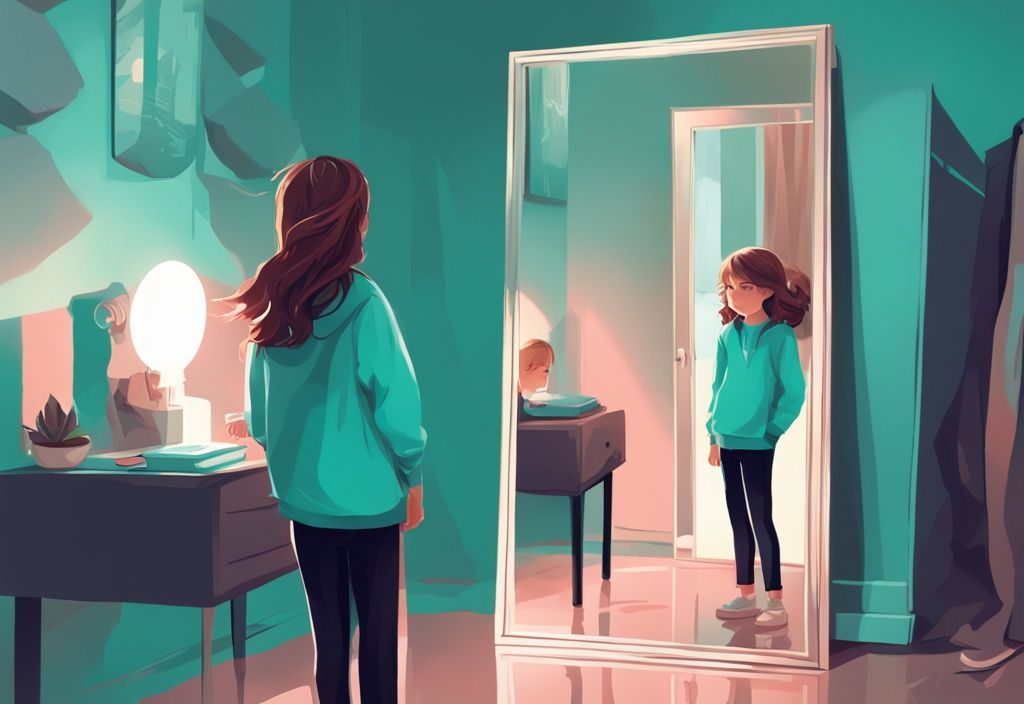 Modern digital painting of a narcissist sibling; teenage girl admiring herself in a mirror, ignoring her younger brother trying to get her attention, teal color theme.