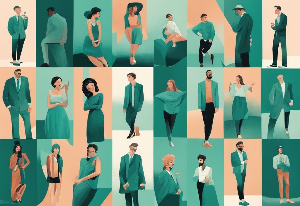 Modern digital painting of twelve people showcasing narcissistic traits in teal-themed collage.