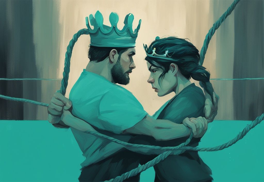 Modern digital painting of a teal-themed tug of war between a confident person and a flustered, crowned narcissist.