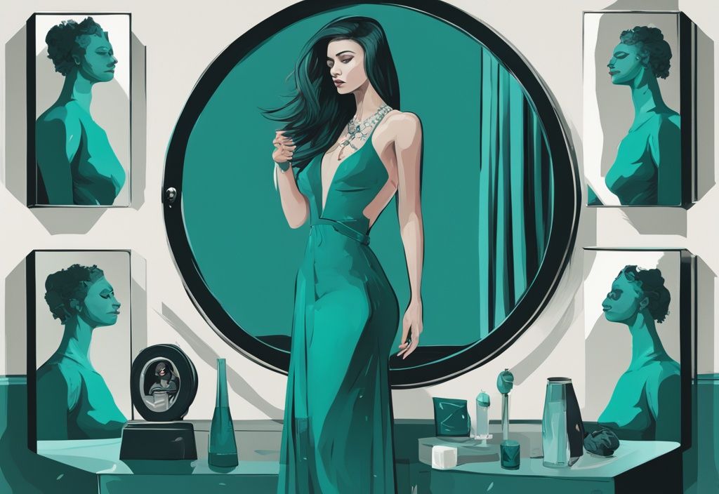 Modern digital painting in teal, showing a dramatic figure with exaggerated features in a mirror, surrounded by icons representing the 10 traits of a narcissist.