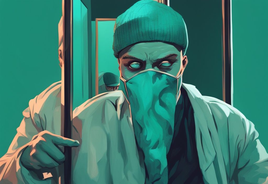 Modern digital painting of a man holding a mask and a mirror reflecting a fear-filled face, illustrating narcissist fear of exposure, with a teal color theme.