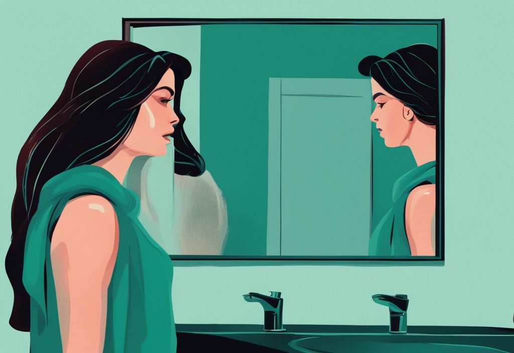 Modern digital painting of a man staring at his reflection in a mirror, ignoring a woman trying to get his attention, teal color theme