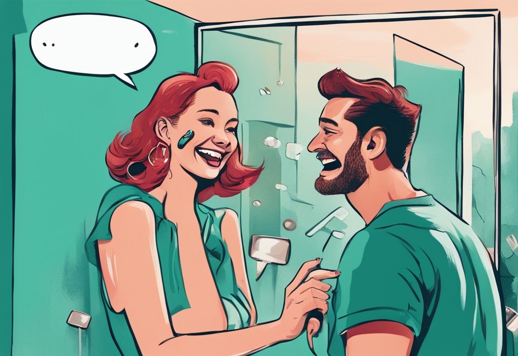 Modern digital painting of a woman holding a mirror to a grinning man with humorous one-liners in speech bubbles, teal color theme.