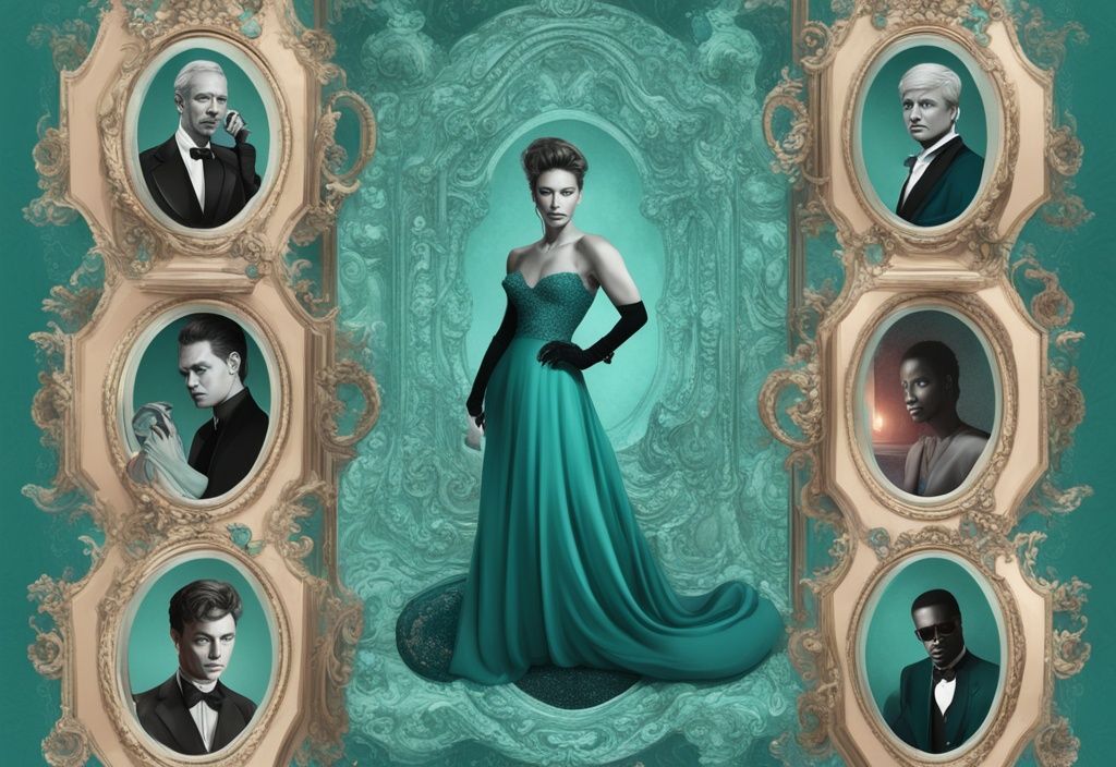 Modern digital painting of celebrities with narcissistic personality disorder in ornate mirrors, teal color theme.