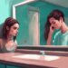 Modern digital painting of a narcissist sibling: teenage girl admiring herself in a mirror, ignoring her younger brother trying to get her attention, teal color theme