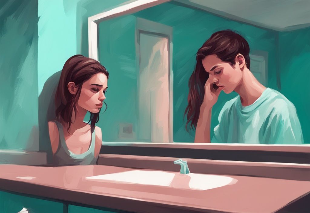 Modern digital painting of a narcissist sibling: teenage girl admiring herself in a mirror, ignoring her younger brother trying to get her attention, teal color theme