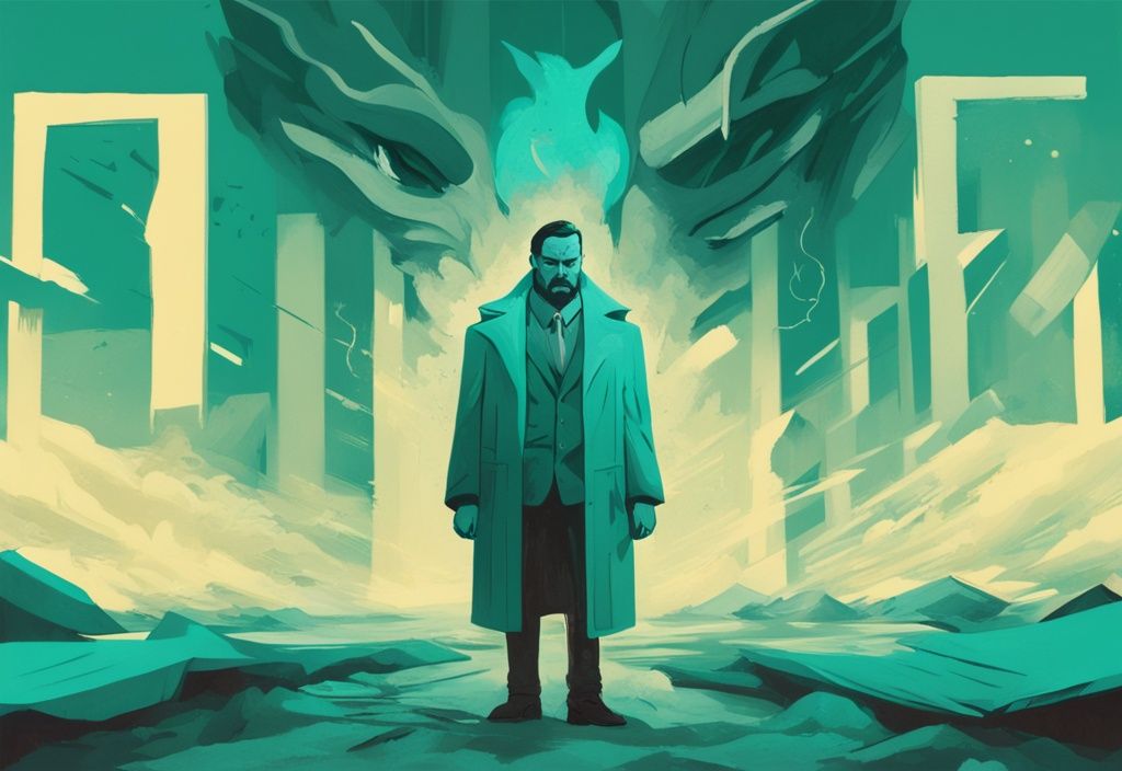 Modern digital painting of a narcissist as a menacing figure looming over a distressed person with teal color theme, visual metaphors of exaggerated ego, lack of empathy, and control obsessiveness