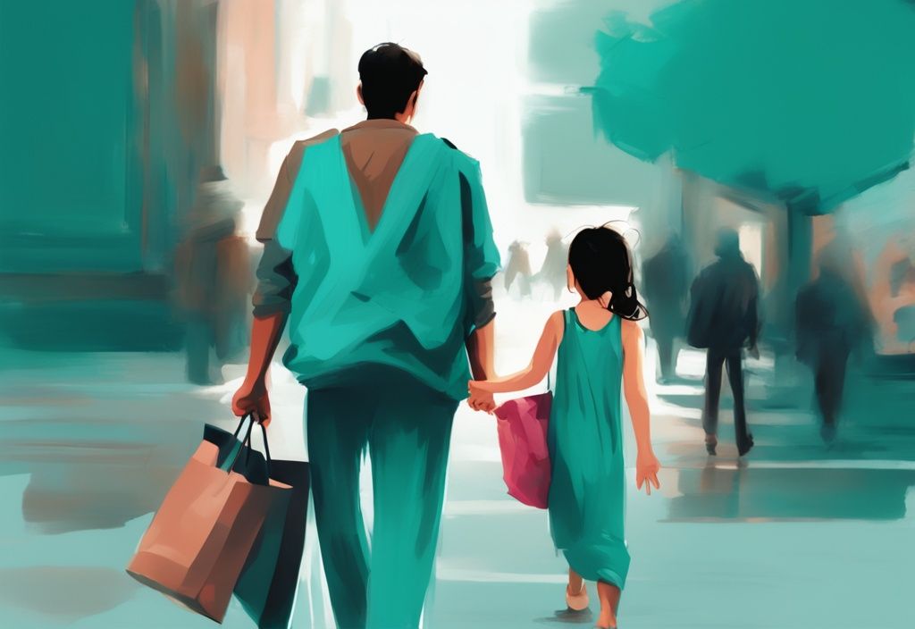 Teal-themed digital painting of a woman holding her child's hand, bags packed, and a man in the background with a mixed expression, illustrating how to leave a narcissist when you have a child together.