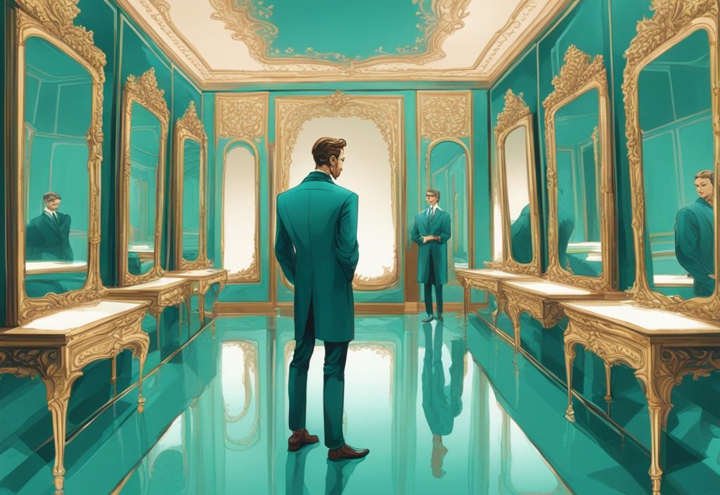 Man admiring reflection in opulent mirrors in a luxuriously decorated room, modern digital painting, teal color theme