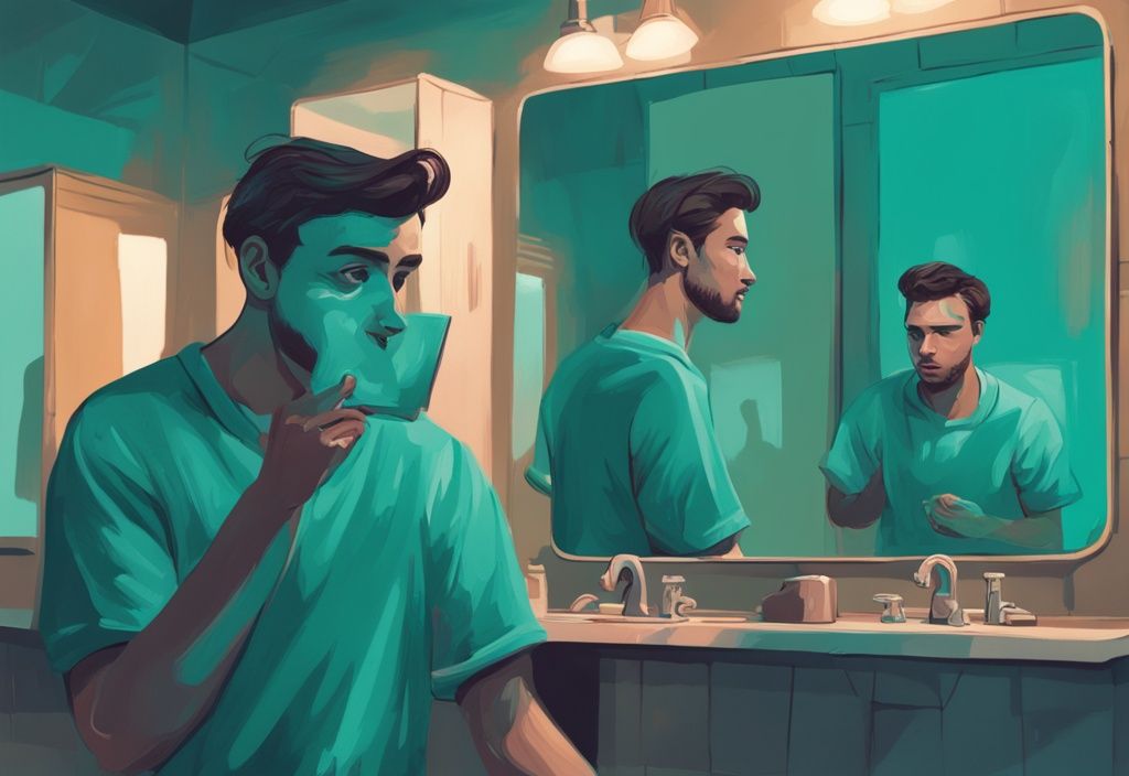 Modern digital painting of a man peering into a mirror showing various faces symbolizing empathy and understanding, illustrating how to stop being a narcissist.