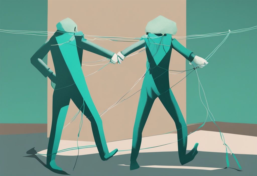 Modern digital painting of puppet strings on person's back manipulated by gloved hand, symbolizing narcissistic abuse control, teal color theme.