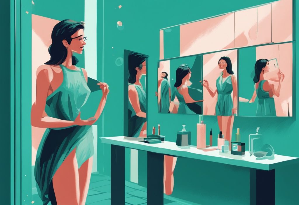 Modern digital painting of a stylish woman in teal standing before a mirror, reflecting icons of narcissism signs.