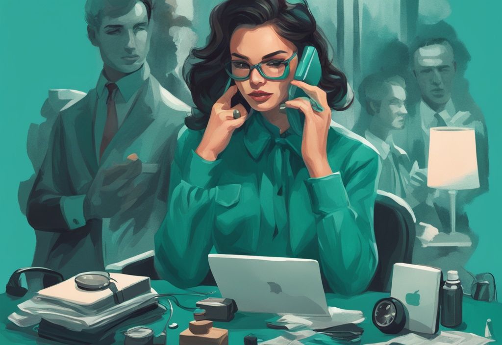 Modern digital painting of a confident woman, possibly a female narcissist, exhibiting cheating patterns, talking on her phone with men's accessories in the background, main color teal.