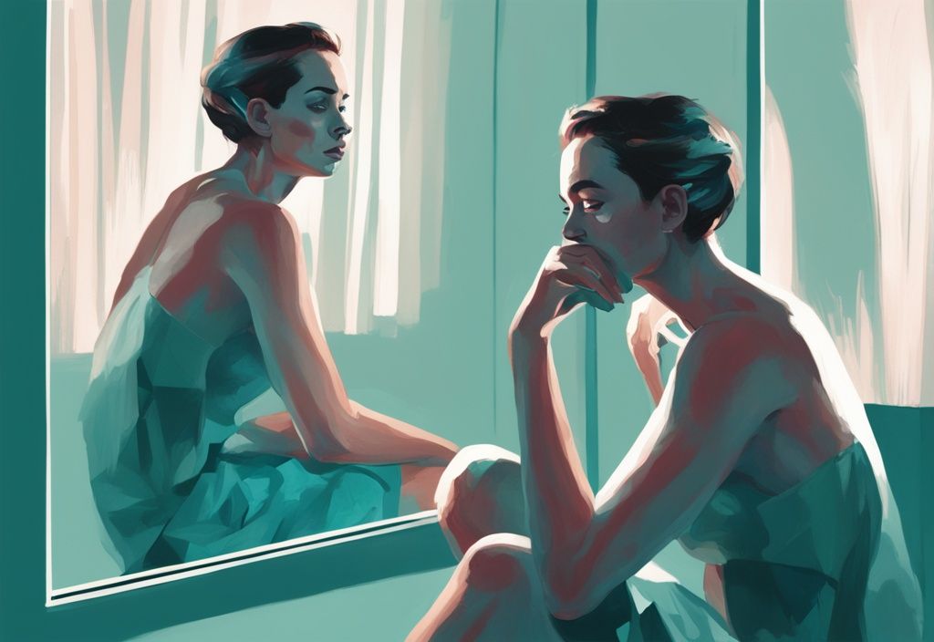 Teal-themed digital painting of a tired man behind a mirror reflecting a woman admiring herself, unaware of his presence