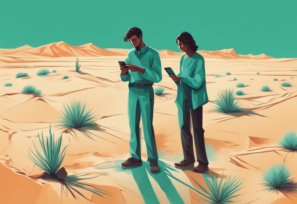 Modern digital painting showing two people holding mobile devices, separated by a parched desert, symbolizing dry texting with a teal color theme.