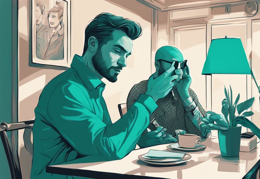 Modern digital painting of a man with a smug expression secretly texting on his phone, depicting narcissist cheating patterns, while his unsuspecting partner sits across the table, main color theme teal.