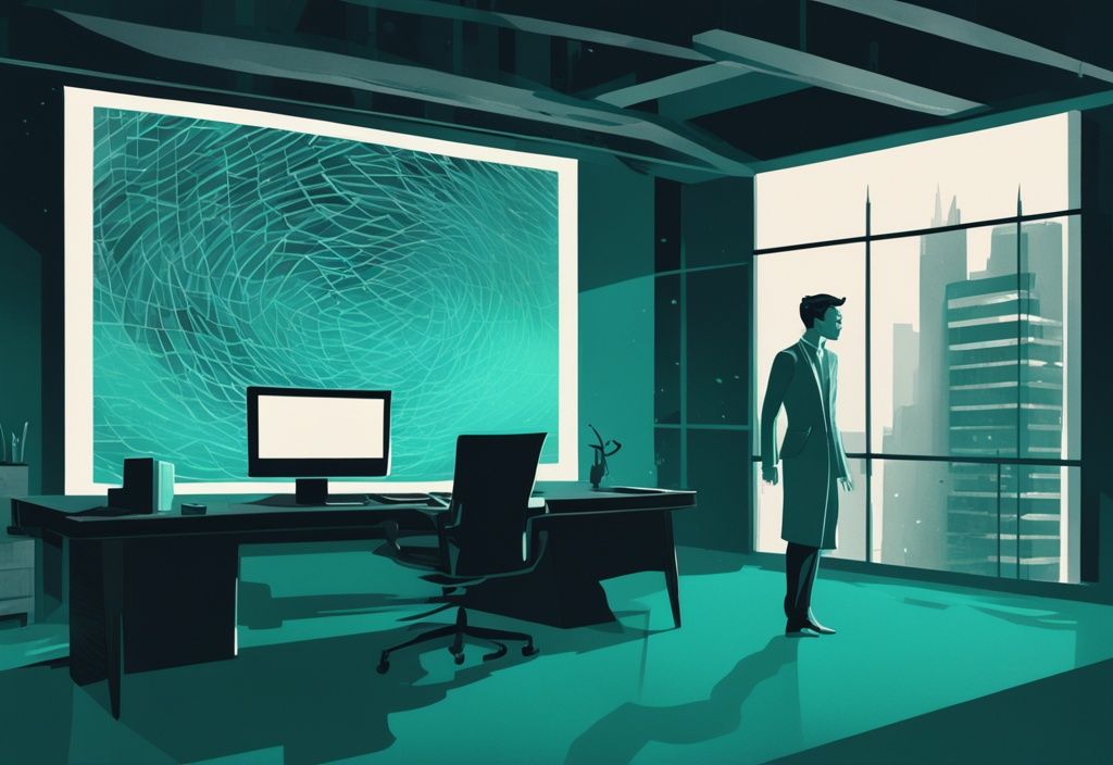 Modern digital painting of teal-themed projection in dark office with person standing in light pattern.