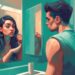 Modern digital painting of a young woman scrutinizing her arrogant boyfriend admiring his reflection in a mirror, keyword: is my boyfriend a narcissist, teal color theme.