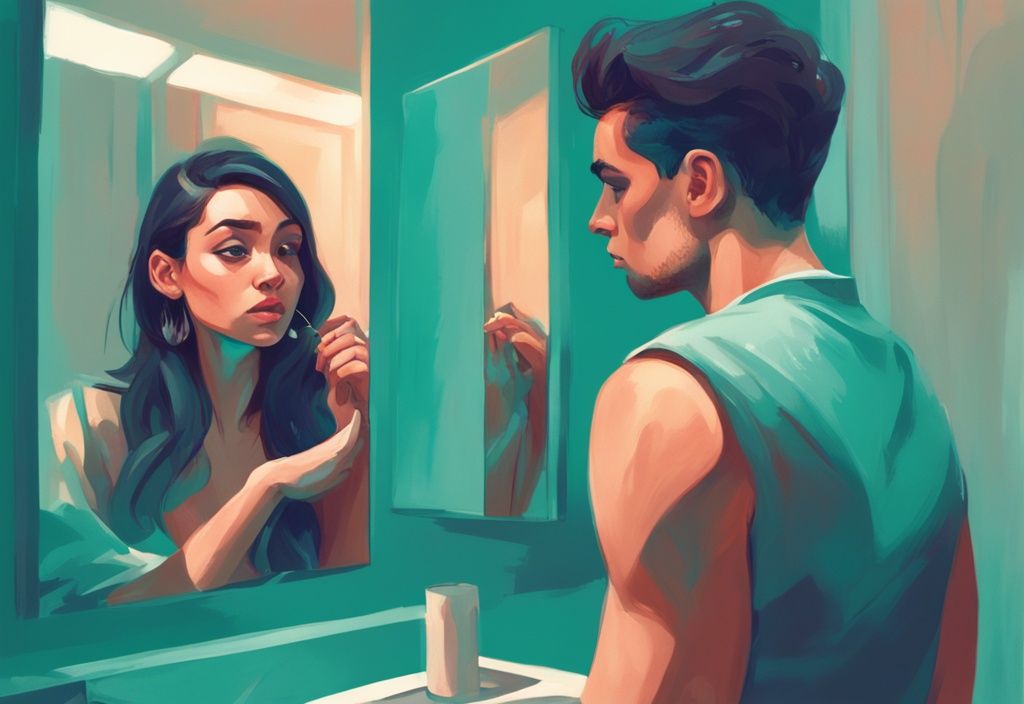 Modern digital painting of a young woman scrutinizing her arrogant boyfriend admiring his reflection in a mirror, keyword: is my boyfriend a narcissist, teal color theme.