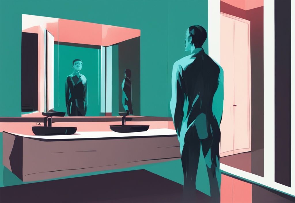 Teal-themed digital painting of a mirror reflecting a grandiose version of a person while the real person appears smaller and ignored.