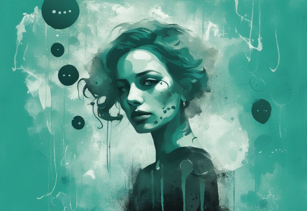 Modern digital painting of a stern-faced woman with toxic narcissistic mother quotes in ominous bubbles, teal color theme.