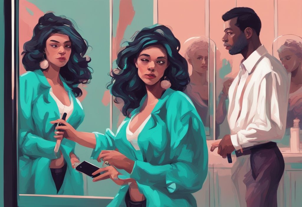 Modern digital painting of a narcissistic mother-in-law in teal, lavishly dressed, using a selfie stick, with a troubled couple in the background.