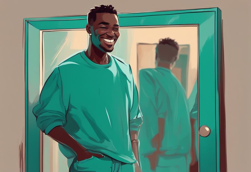 Teal-themed digital painting of a man admiring his reflection in a mirror with a satisfied smile