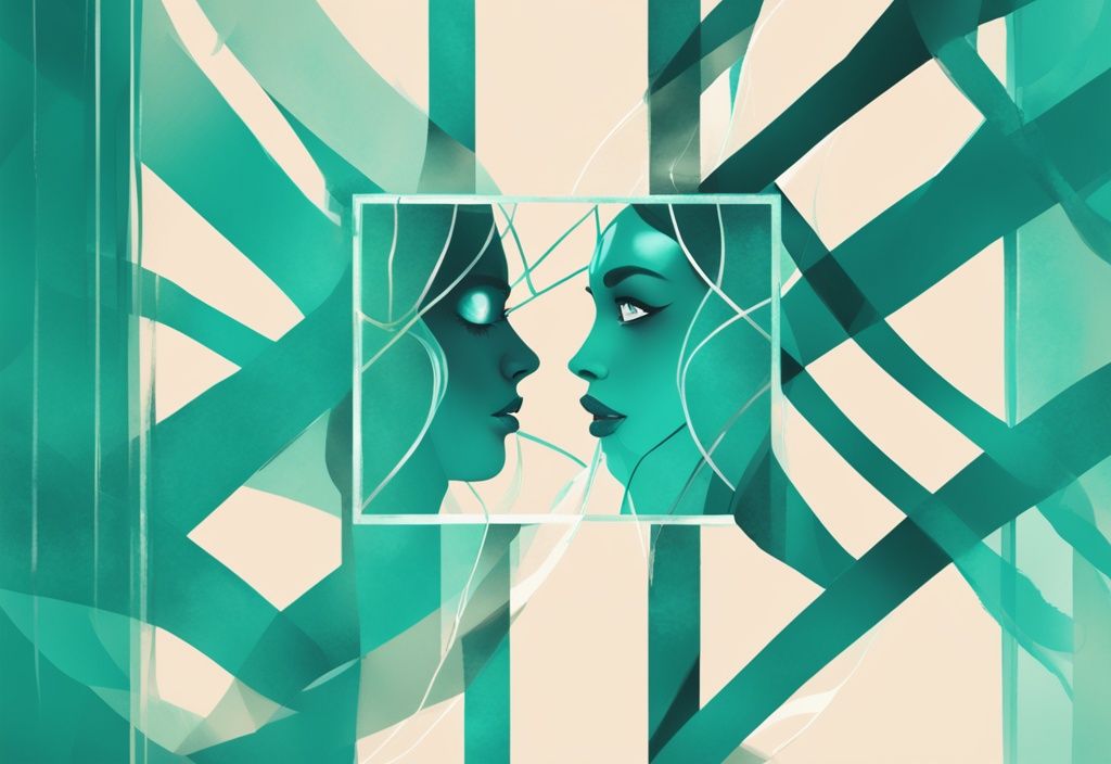 Modern digital painting with teal theme, depicting a DNA strand intertwined with a mirror reflecting a confident person, exploring the question "is narcissism genetic".