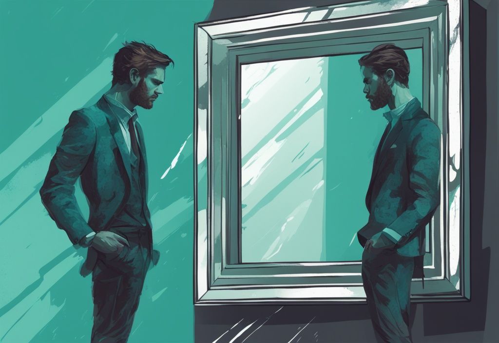 Modern digital painting of a distressed person reflecting in a mirror with a narcissistic character behind them, illustrating living with a narcissist when leaving is not an option, teal color theme.