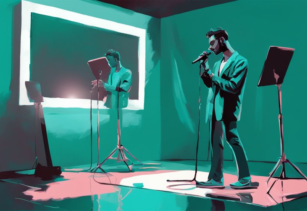 Modern digital painting of a teal-themed stage with a spotlighted mic, mirrored reflection, and scattered sheet music with narcissistic lyrics.