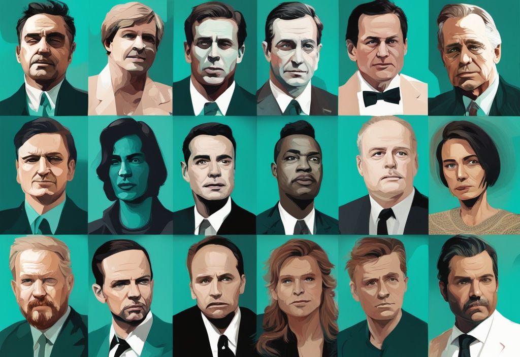 Modern digital painting collage of famous people with narcissistic personality disorder in teal hues, featuring their portraits and notable quotes.