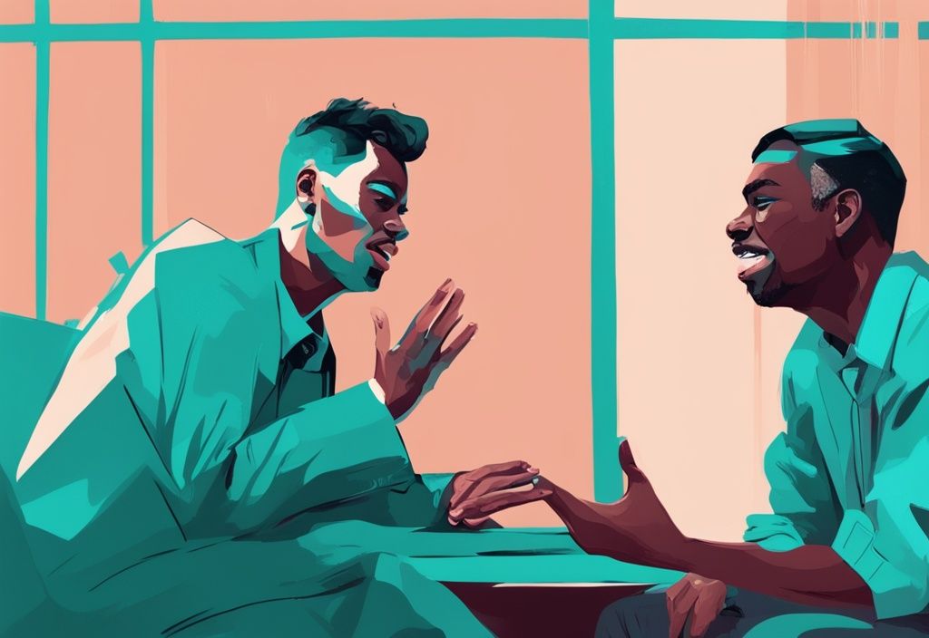 Modern digital painting of a teal-themed discussion; one person dominates the conversation with animated gestures while the other appears disinterested and overlooked.