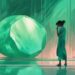 Teal-themed digital painting of a jade narcissist admiring reflection in a large jade piece