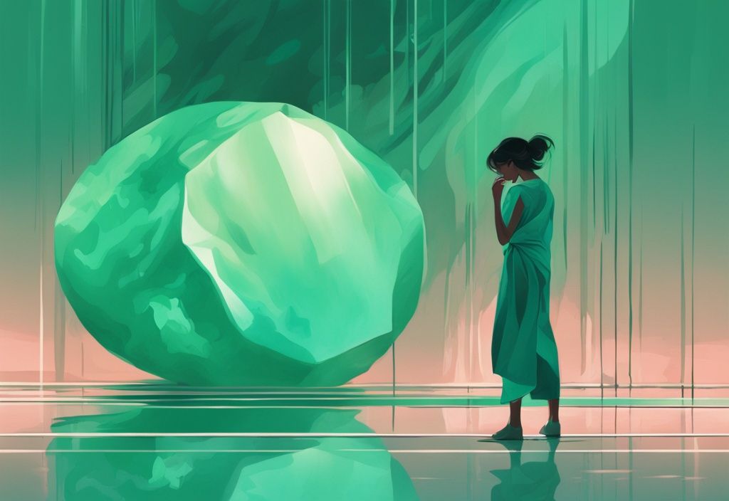 Teal-themed digital painting of a jade narcissist admiring reflection in a large jade piece