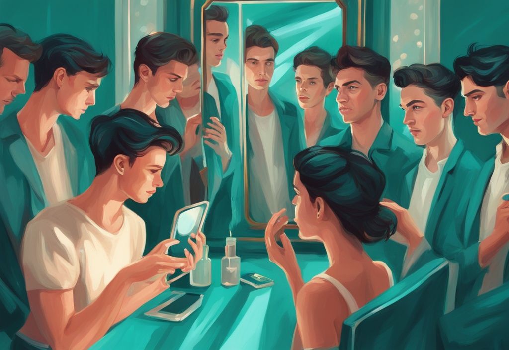 Modern digital painting of a narcissist in a teal-themed mirror, captivating diverse onlookers with charm and confidence.