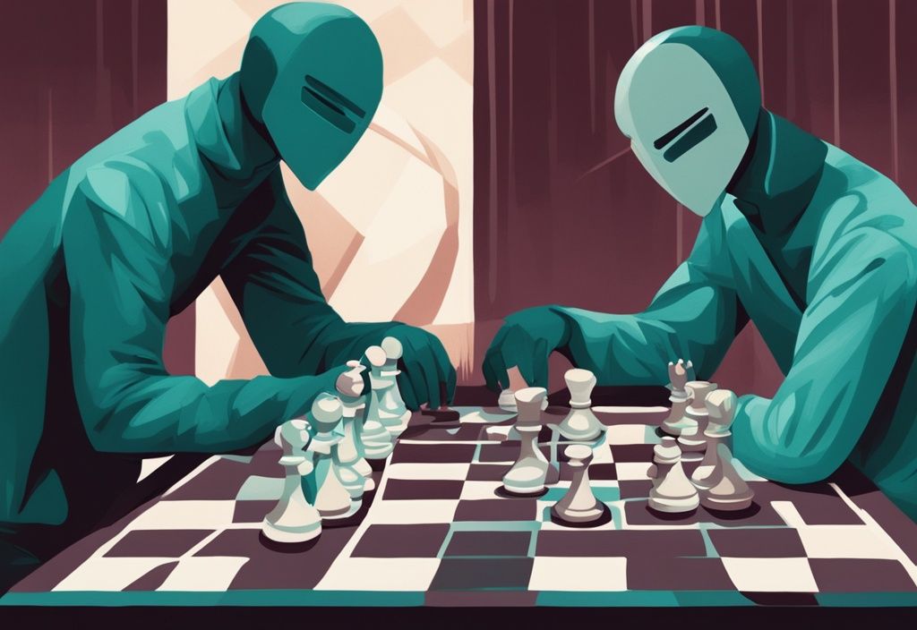 Masked figure secretly moving chess pieces on a board game, symbolizing covert narcissist cheating patterns, modern digital painting in teal color theme.