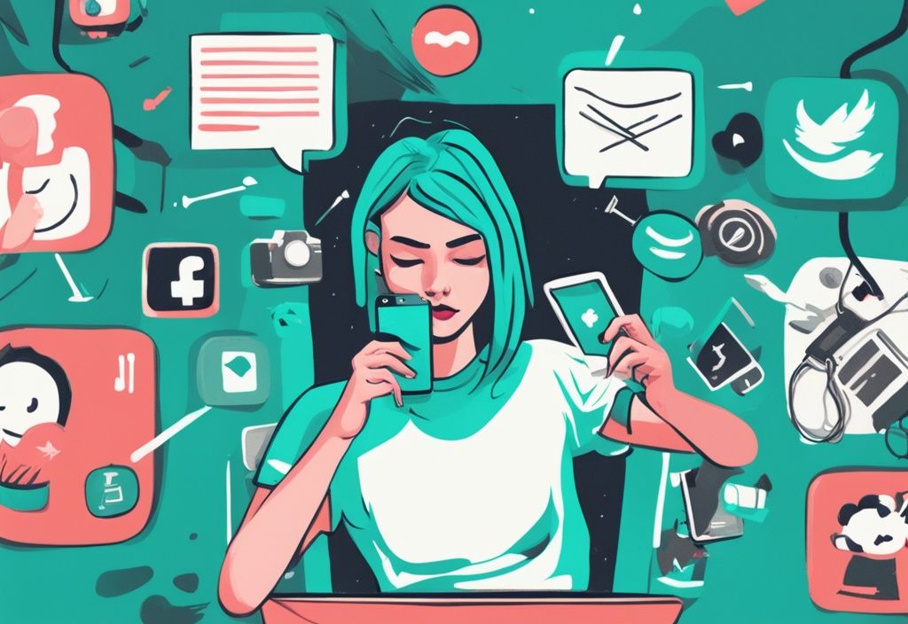 Modern digital painting of a user on social media surrounded by narcissistic symbols like selfies, boasting posts, and lack of empathy emoticons, teal color theme